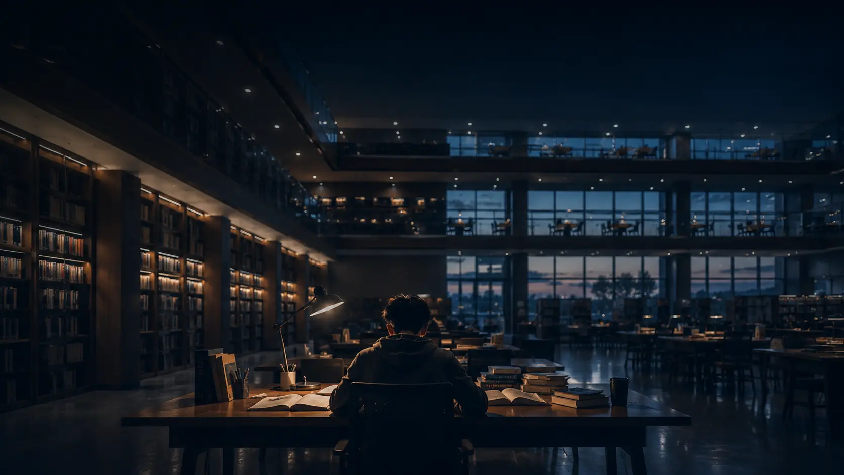 A student studying alone by lamplight in a vast library at night