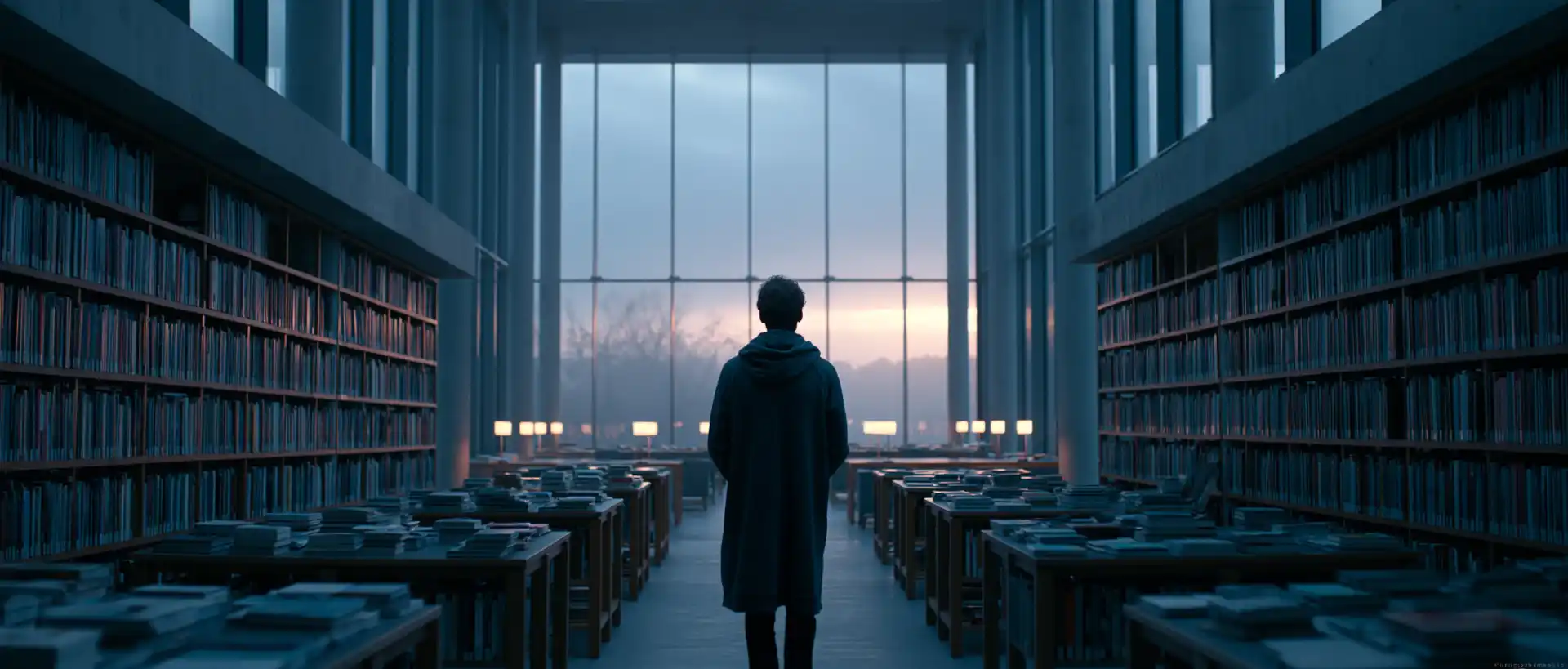 A lone student standing among towering library bookshelves before a large window at dawn